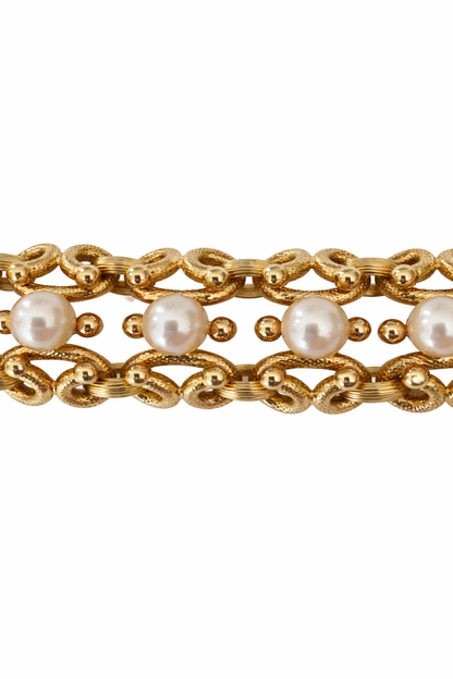 18K Yellow Gold Pearl Link Bracelet | Retro Era