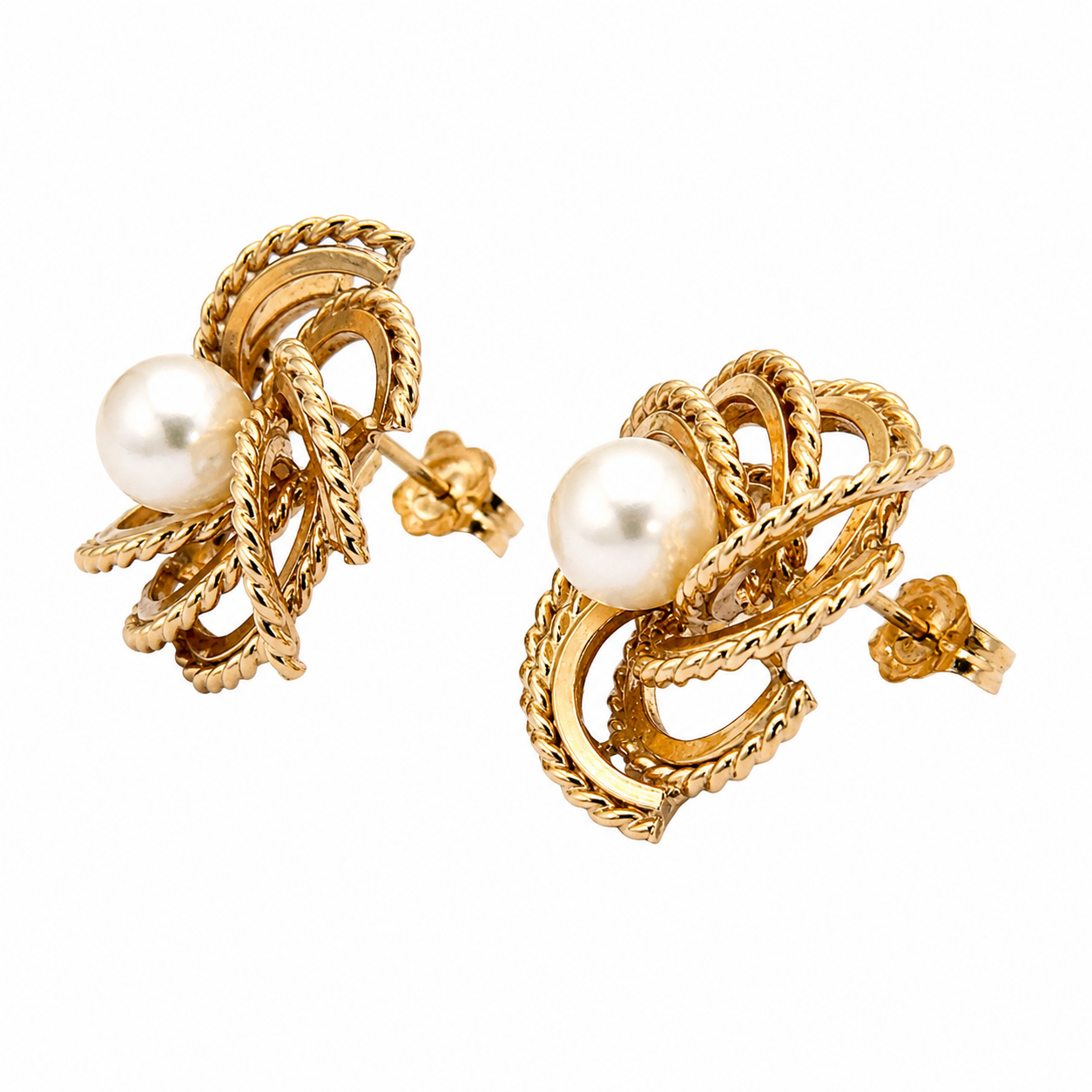 14K Yellow Gold Cultured Pearl Swirl Earrings | Textured Rope Motif