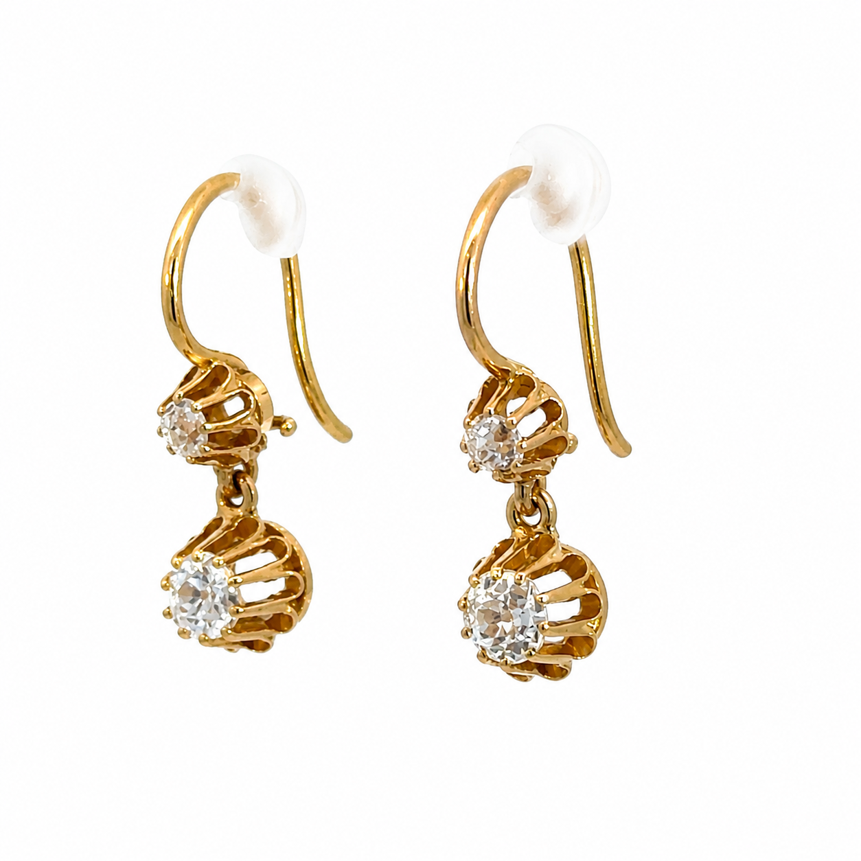 Russian-Made 14K Yellow Gold Rose-Cut Diamond Floral Drop Earrings