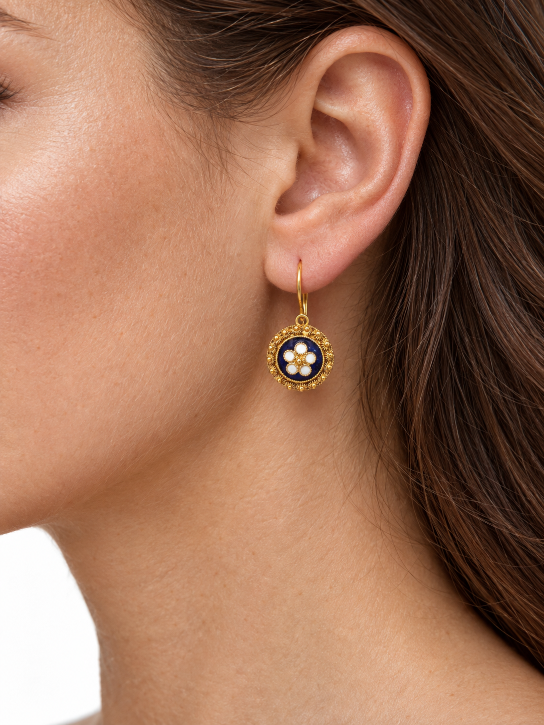 Vintage 18K Yellow Gold Navy & White Enamel Floral Drop Earrings