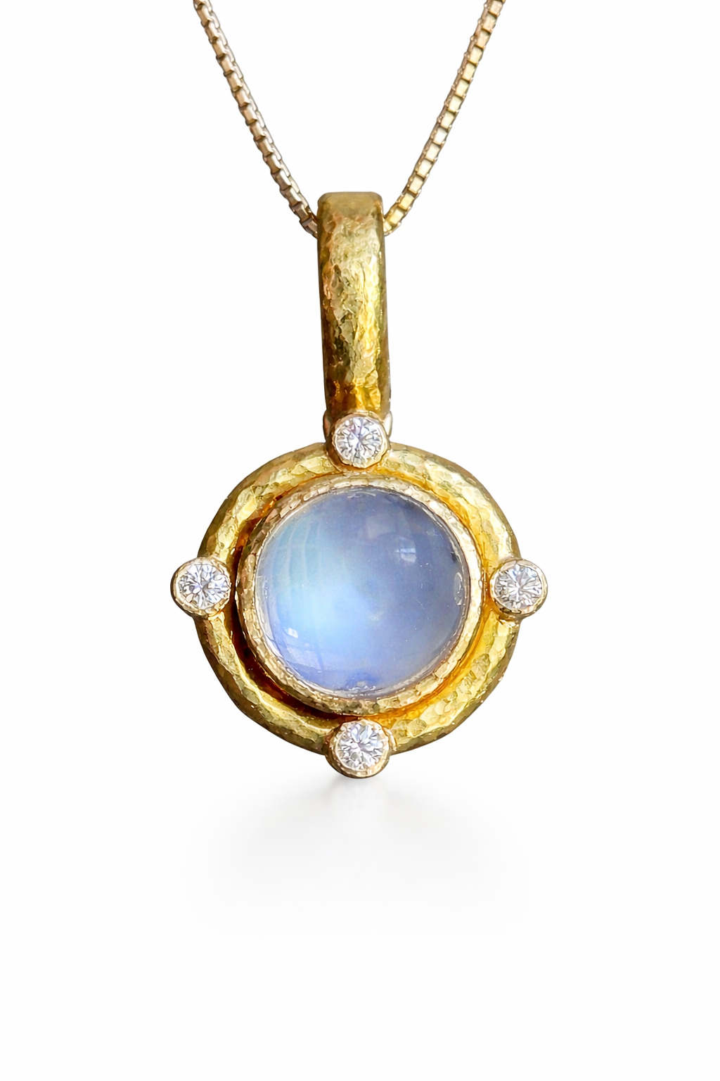 Moonstone & Diamond Pendant 18K Yellow Gold Textured Design with Hinged Bail