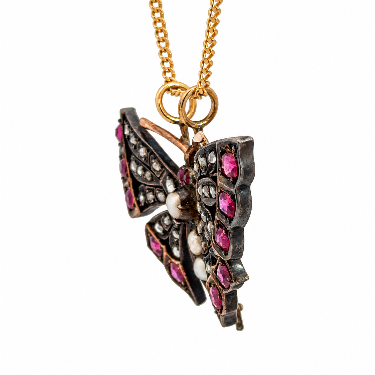 Vintage Yellow Gold Ruby, Diamond & Pearl Butterfly Pendant – Victorian Style