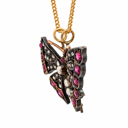 Vintage Yellow Gold Ruby, Diamond & Pearl Butterfly Pendant – Victorian Style