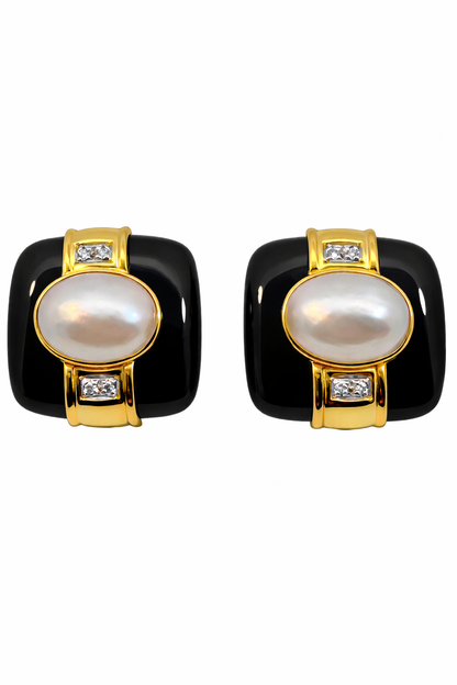 Sophisticated Square Onyx & Pearl Earrings in 14K Yellow Gold