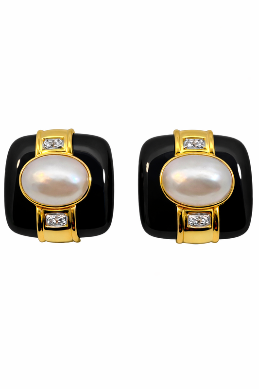 Sophisticated Square Onyx & Pearl Earrings in 14K Yellow Gold