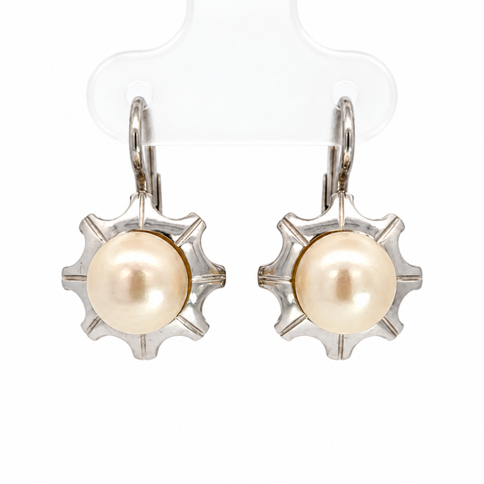 Vintage 18K White Gold Pearl Sunburst Lever-Back Earrings