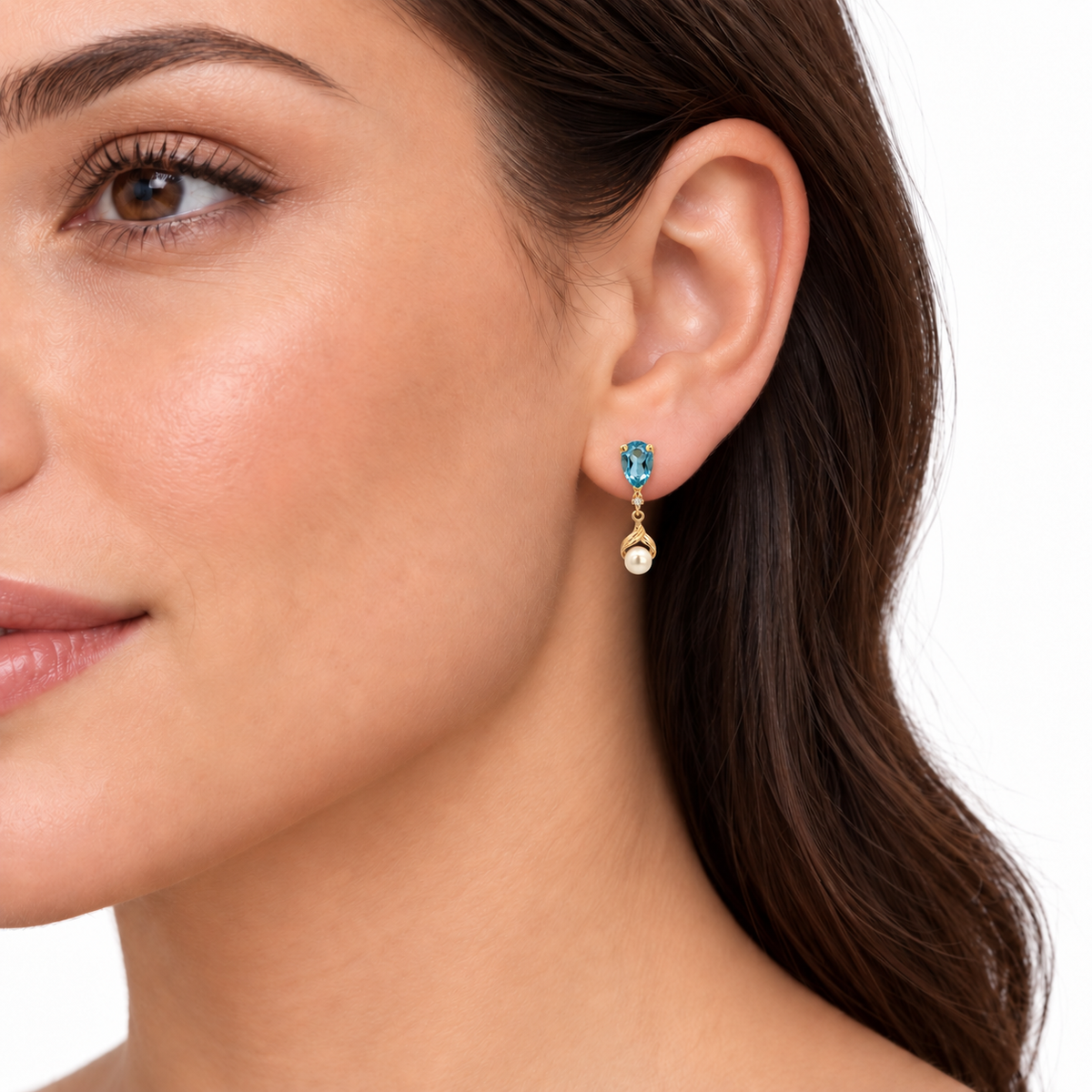 14K Yellow Gold Blue Topaz & Pearl Drop Earrings