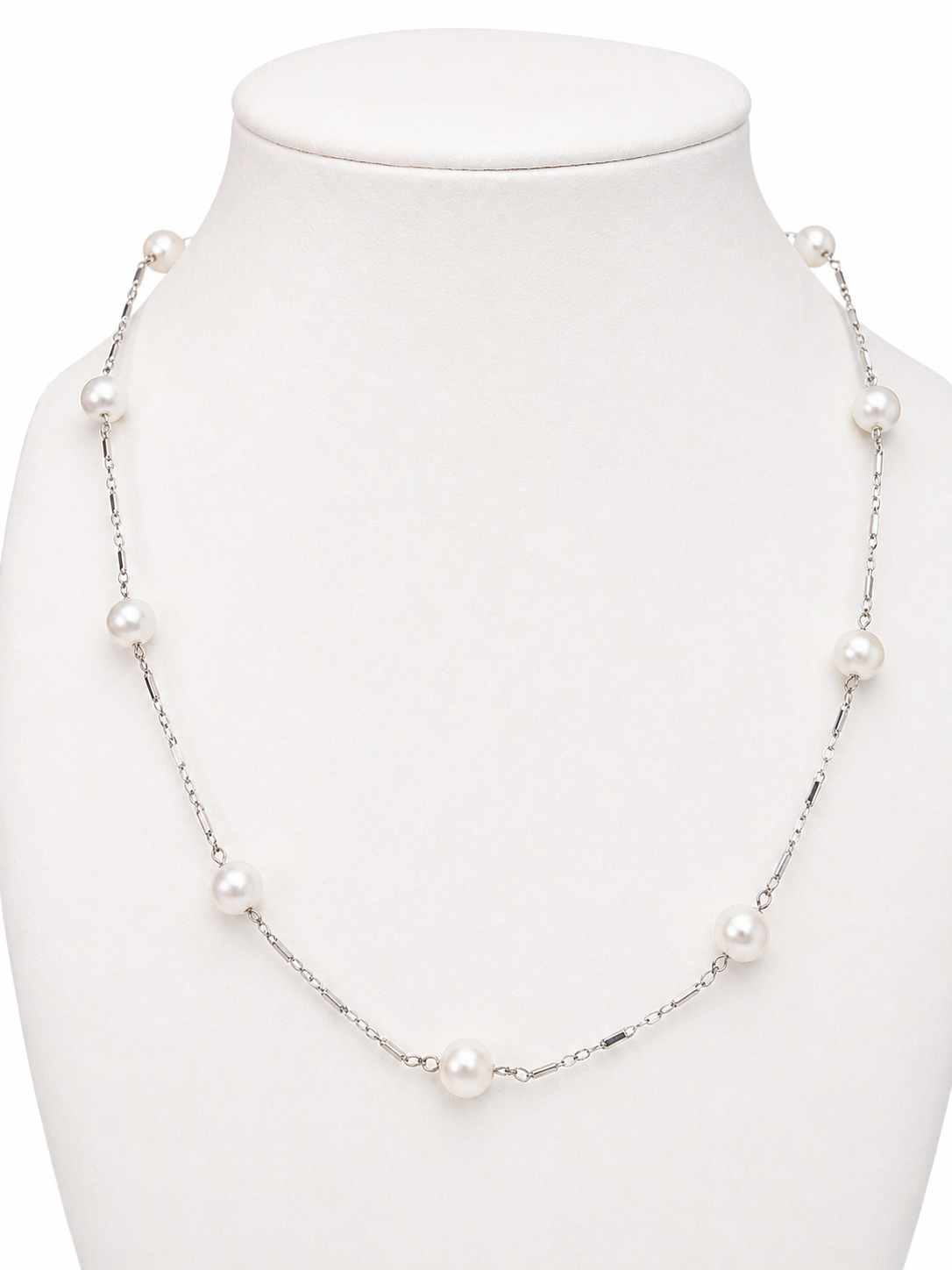 Vintage 14K White Gold Pearl Station Necklace – 12 AAA Pearls