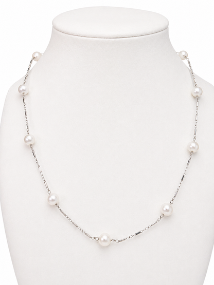 Vintage 14K White Gold Pearl Station Necklace – 12 AAA Pearls
