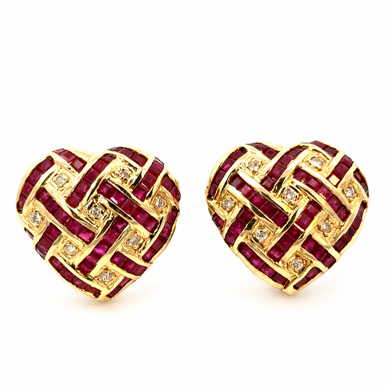 14K Yellow Gold Ruby & Diamond Woven Heart Earrings