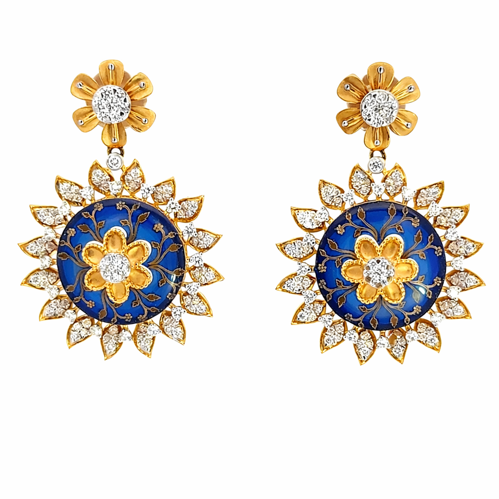 14K Yellow Gold Diamond & Blue Enamel Floral Jewelry Set