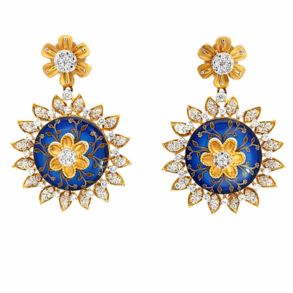 14K Yellow Gold Diamond & Blue Enamel Floral Jewelry Set