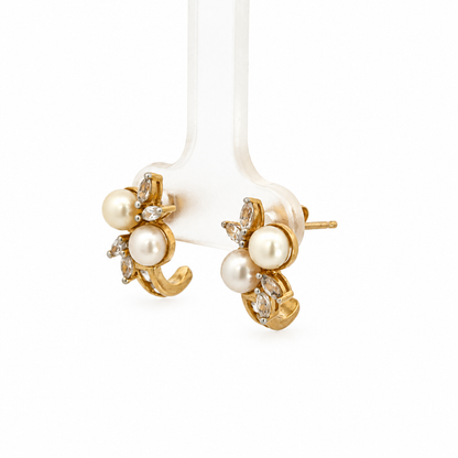 Yellow Gold Pearl & Cubic Zirconia Leaf Earrings