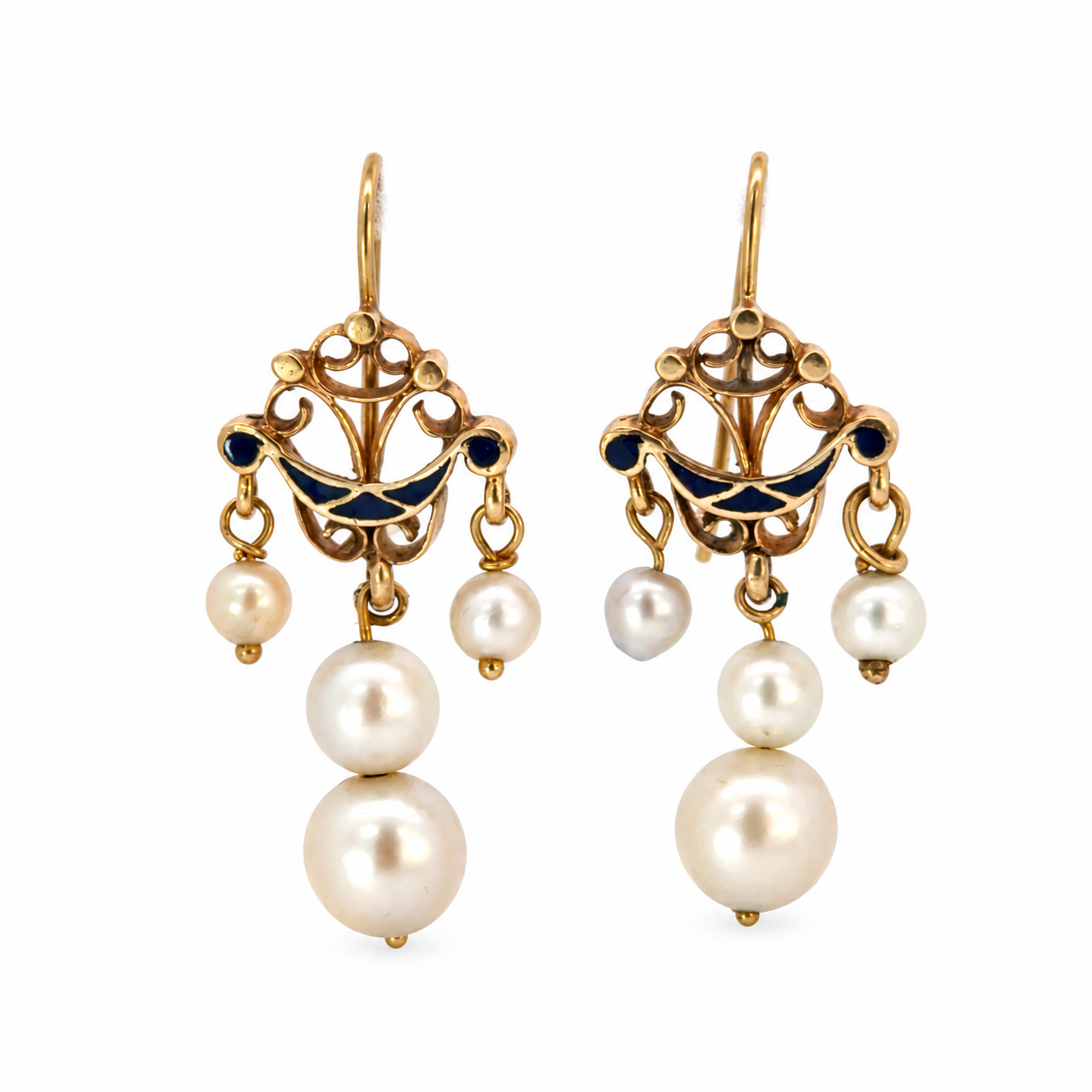 Antique 14K Yellow Gold Dark Blue Enamel & Pearl Drop Earrings