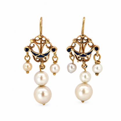 Antique 14K Yellow Gold Dark Blue Enamel & Pearl Drop Earrings