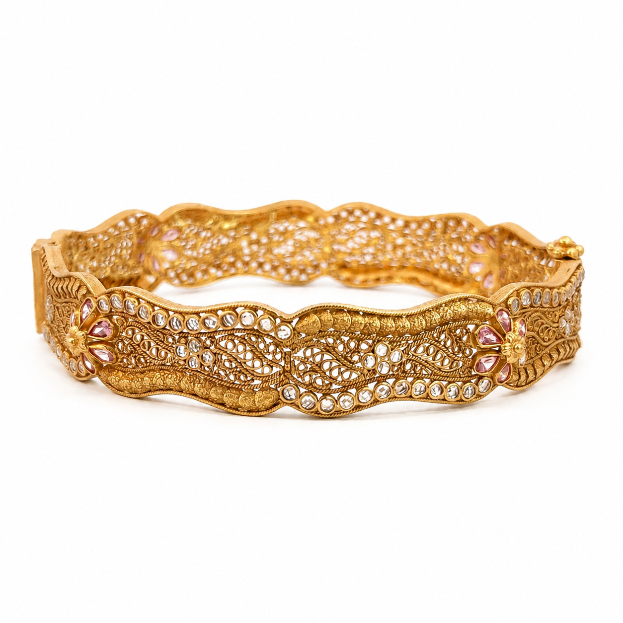 Vintage 22K Yellow Gold Filigree Bangle with Pink Swarovski Crystals & Cubic Zirconia (Copy)