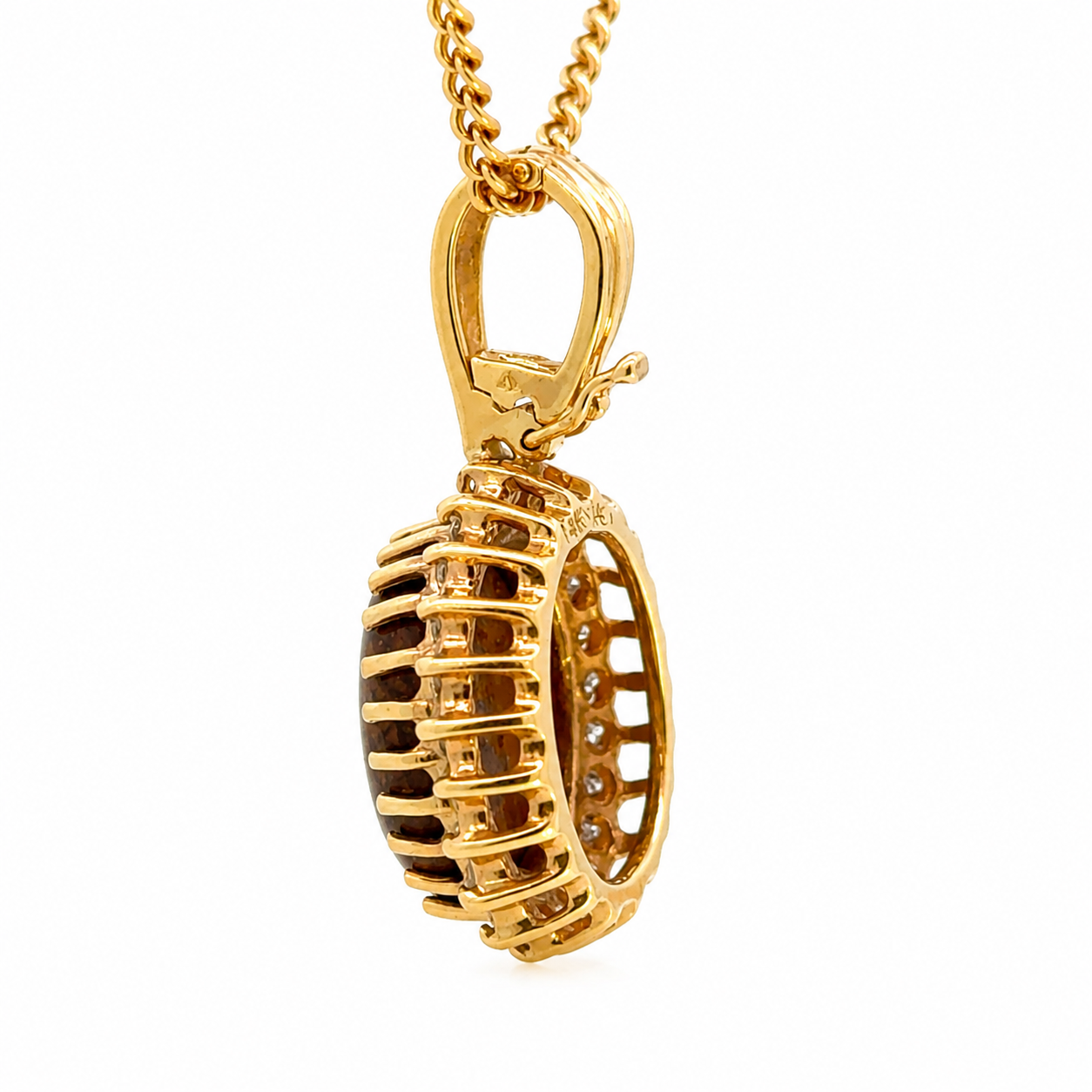 14K Gold Oval Coral Cabochon Diamond Halo Pendant