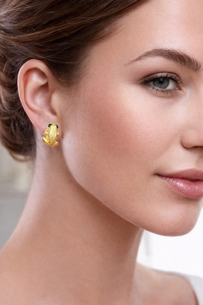 14K Yellow Gold Frog Hoop Earrings with Emerald Eyes