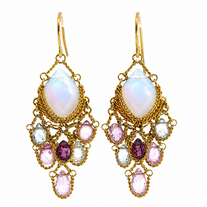 18K Gold Moonstone & Multi Gemstone Chandelier Earrings, Intricate Chainwork