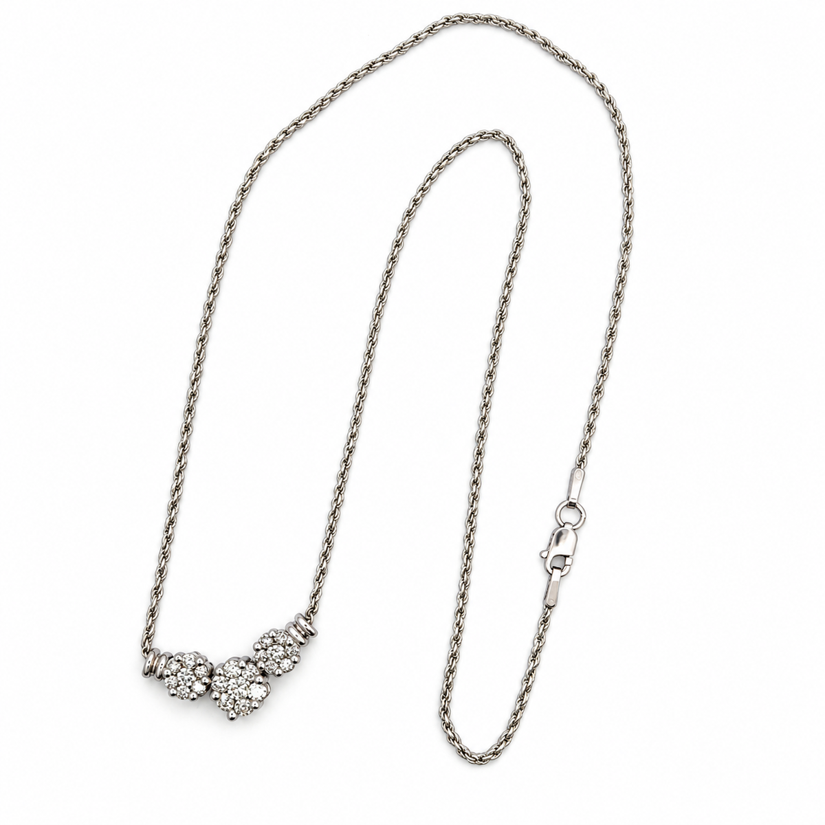 14K White Gold Three-Flower Diamond Cluster Necklace