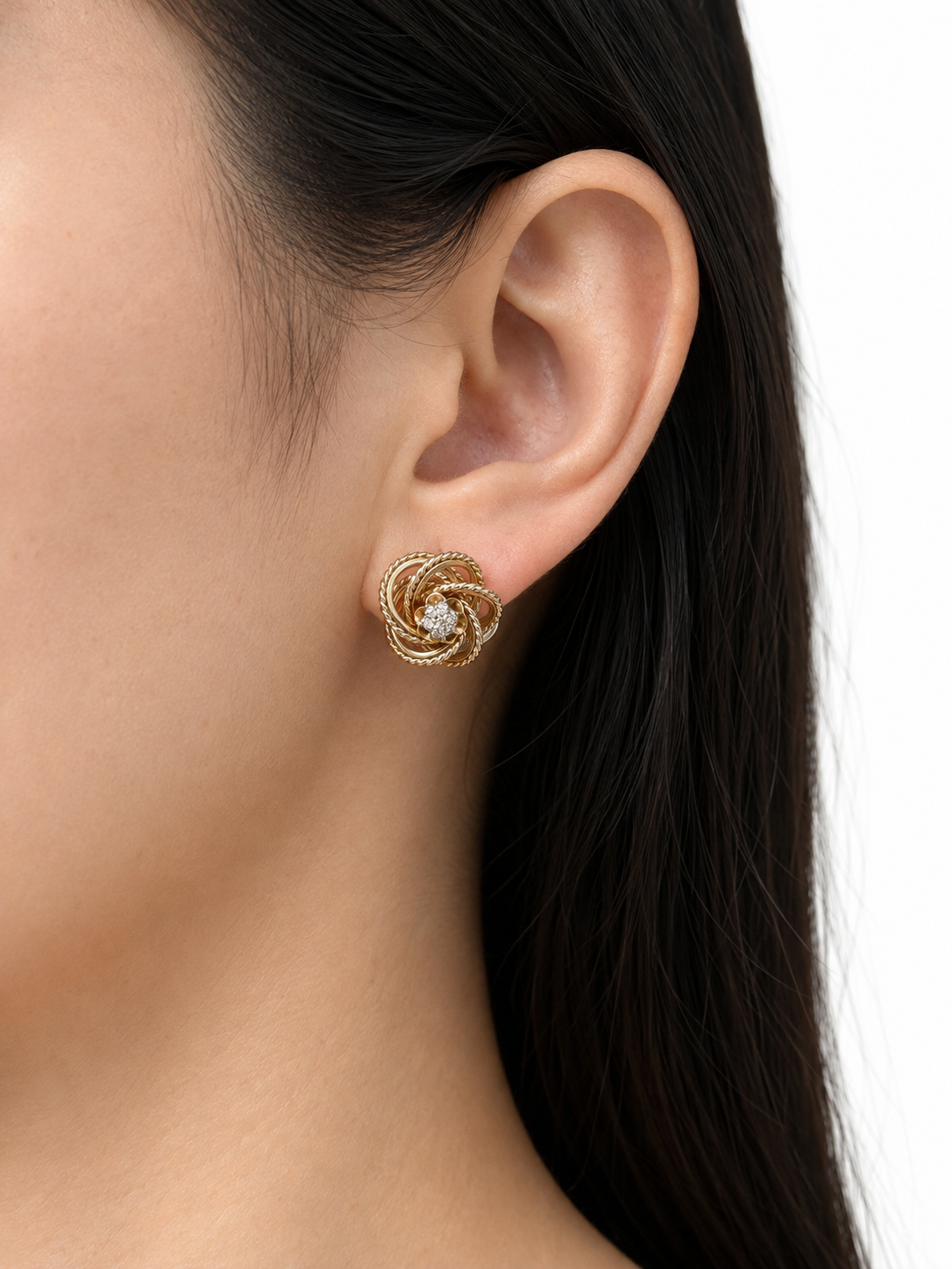 Vintage 14K Yellow Gold Diamond Spiral Flower Earrings