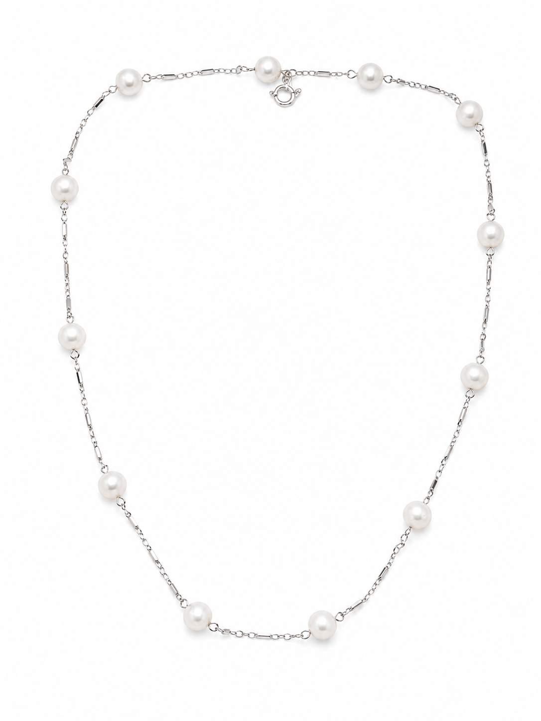Vintage 14K White Gold Pearl Station Necklace – 12 AAA Pearls