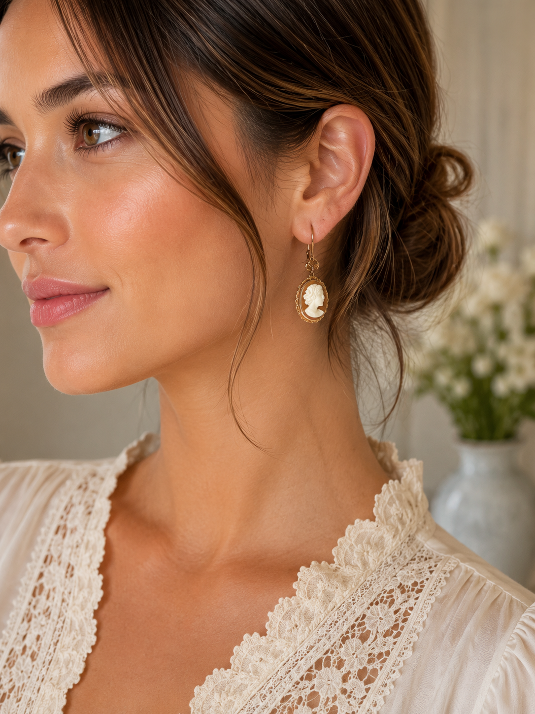 Romantic Vintage Cameo Drop Earrings in Yellow Gold