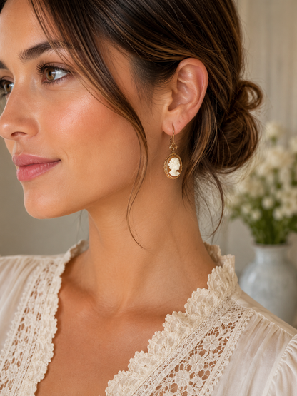 Romantic Vintage Cameo Drop Earrings in Yellow Gold