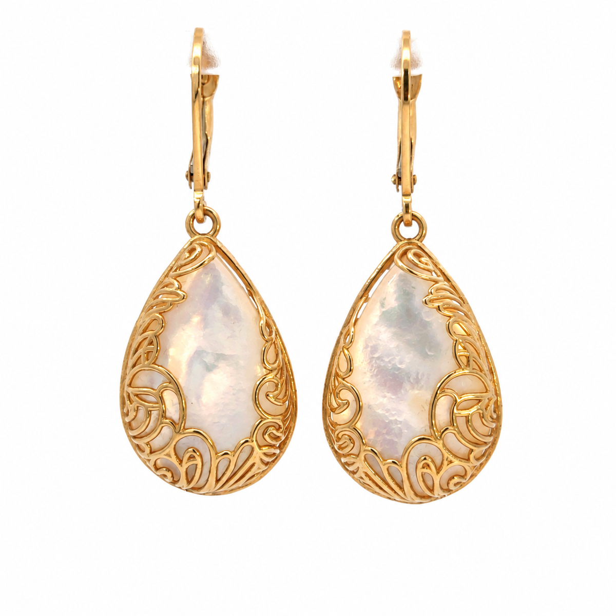 14K Yellow Gold Mother-of-Pearl Filigree Teardrop Earrings