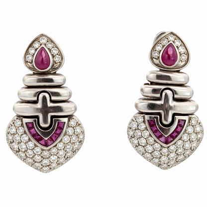 Vintage 1980s 18K White Gold Ruby & Diamond French-Clip Earrings