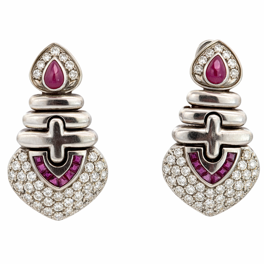 Vintage 1980s 18K White Gold Ruby & Diamond French-Clip Earrings