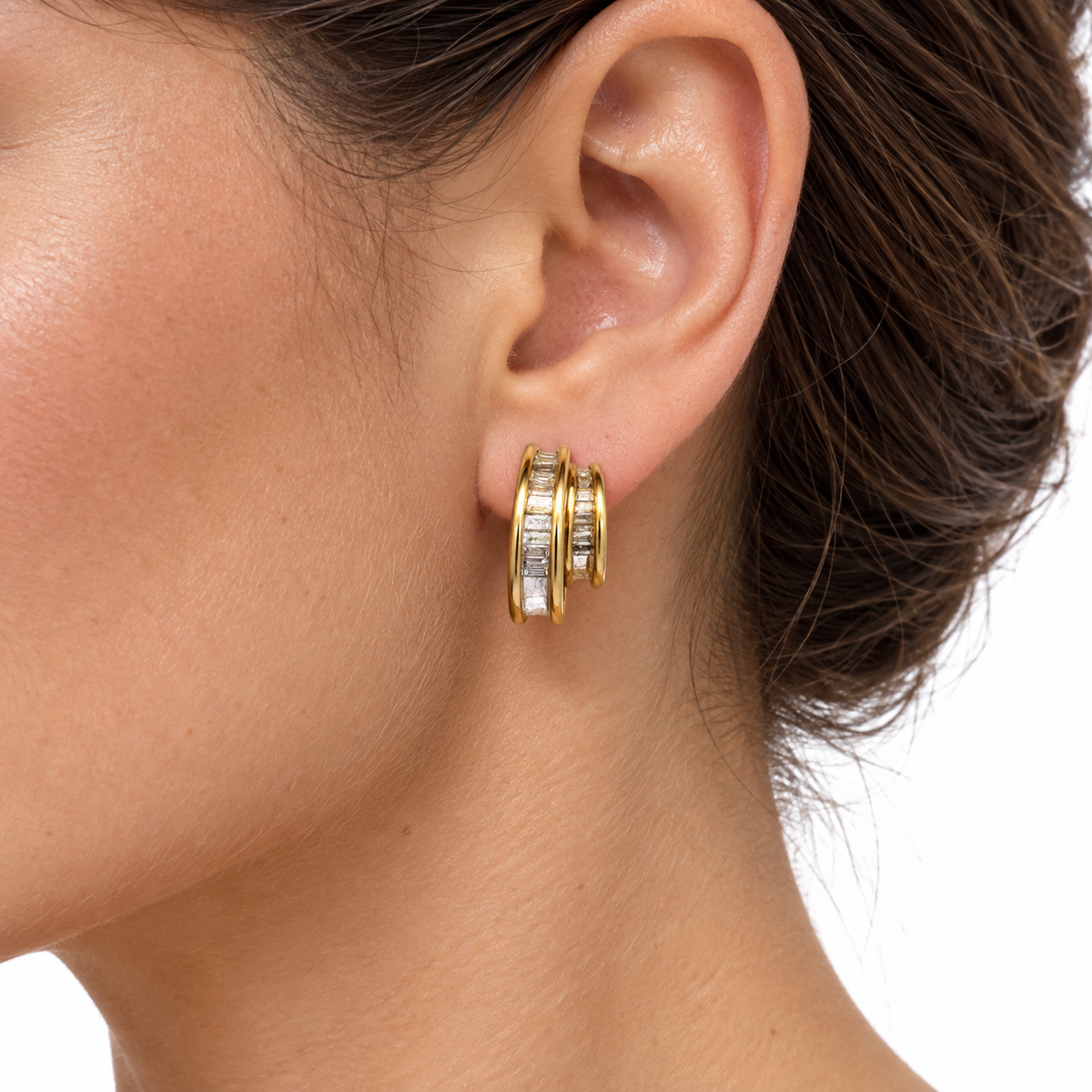 14K Yellow Gold Baguette Diamond Double Hoop Earrings
