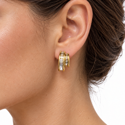 14K Yellow Gold Baguette Diamond Double Hoop Earrings