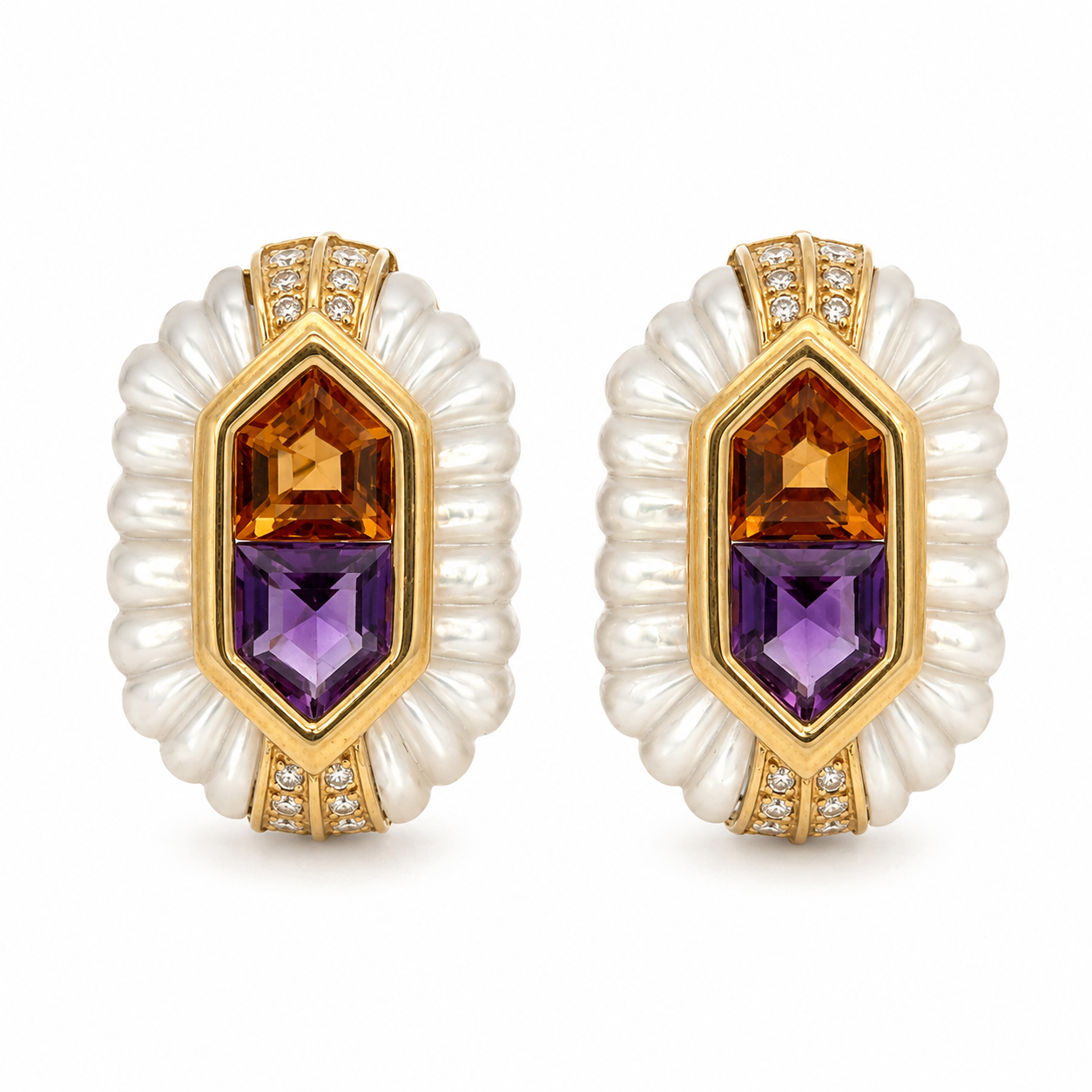 18K Yellow Gold Mother-of-Pearl, Citrine, Amethyst & Diamond Earrings