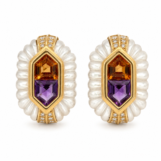 18K Yellow Gold Mother-of-Pearl, Citrine, Amethyst & Diamond Earrings