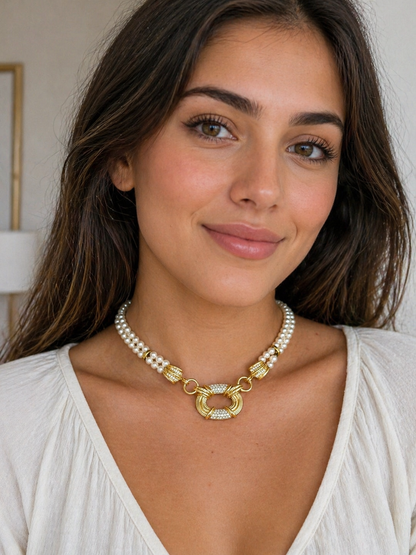 Vintage 1950's South Sea Pearl & Diamond Necklace in 18K Yellow Gold