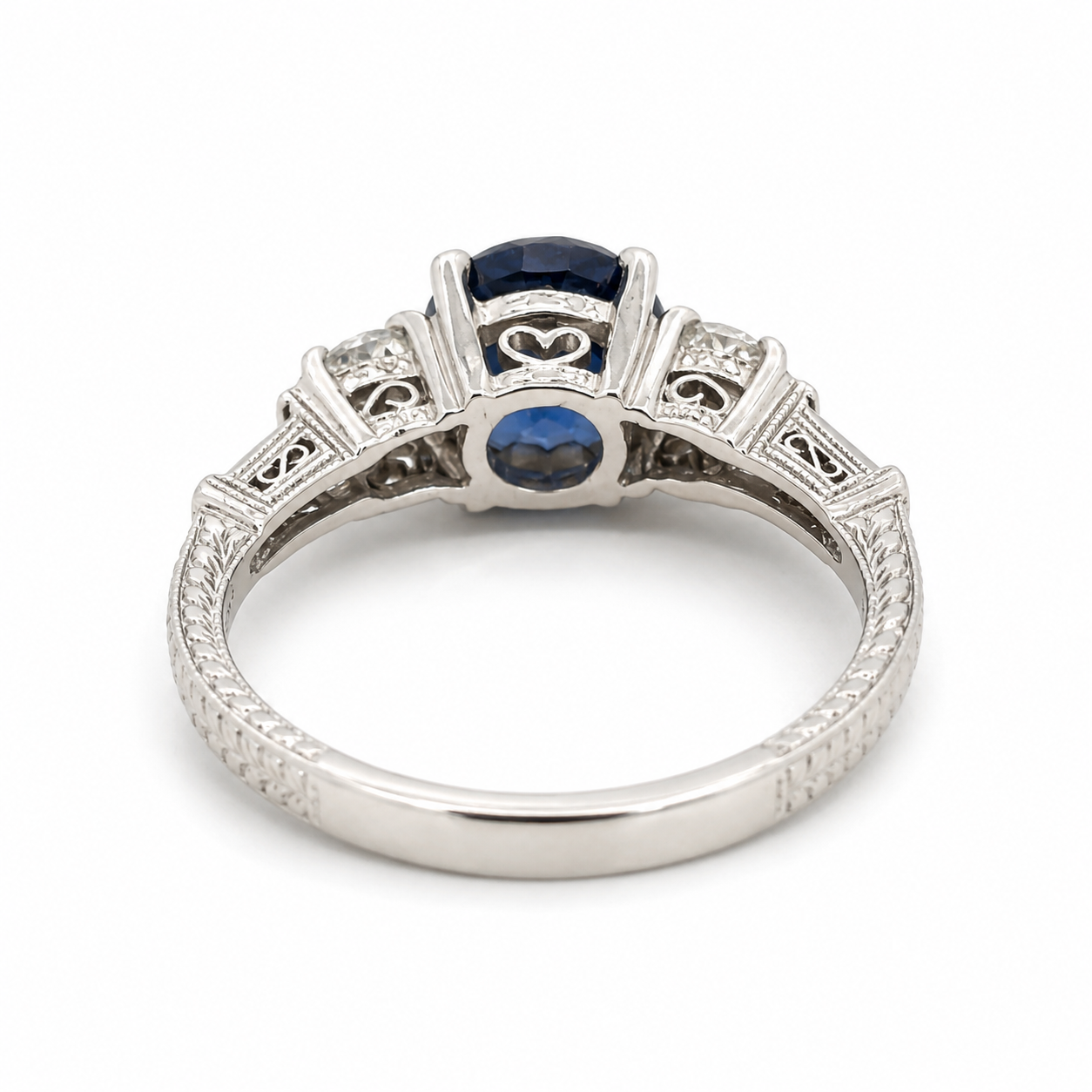 Vintage Platinum Blue Sapphire & Diamond Ring with Filigree