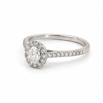 14K White Gold Lab-Grown Oval Diamond Halo Ring with Leaf Detail