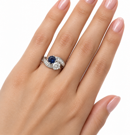 Platinum Diamond and Sapphire Toi et Moi Bypass Ring