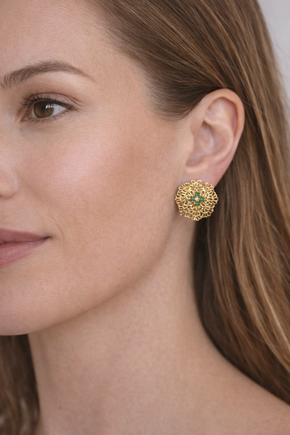 Elegant 18K Gold Openwork Floral Emerald Earrings