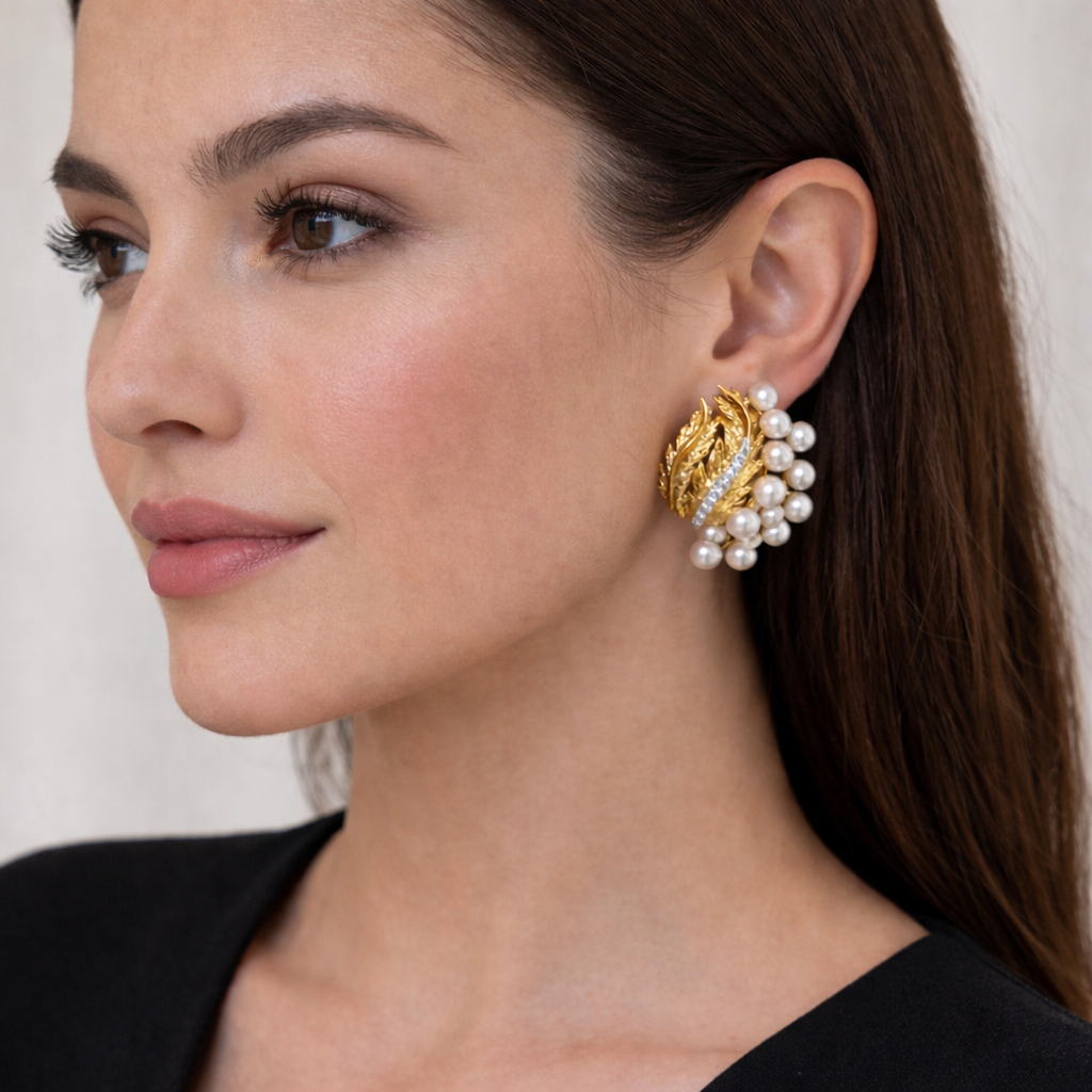 Vintage 14K Gold Diamond & Pearl Leaf Clip-On Earrings