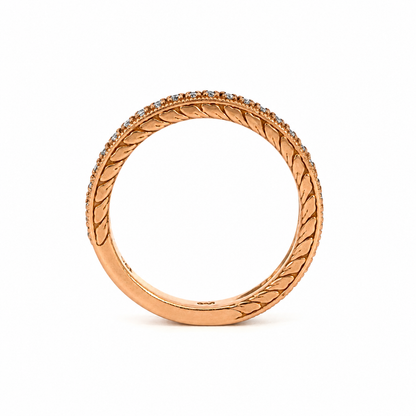 14K Rose Gold Diamond Band with Engraved Leaf Detail