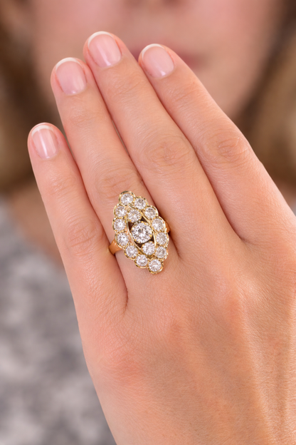 Vintage 18K Yellow Gold Marquise-Shaped Diamond Cluster Ring