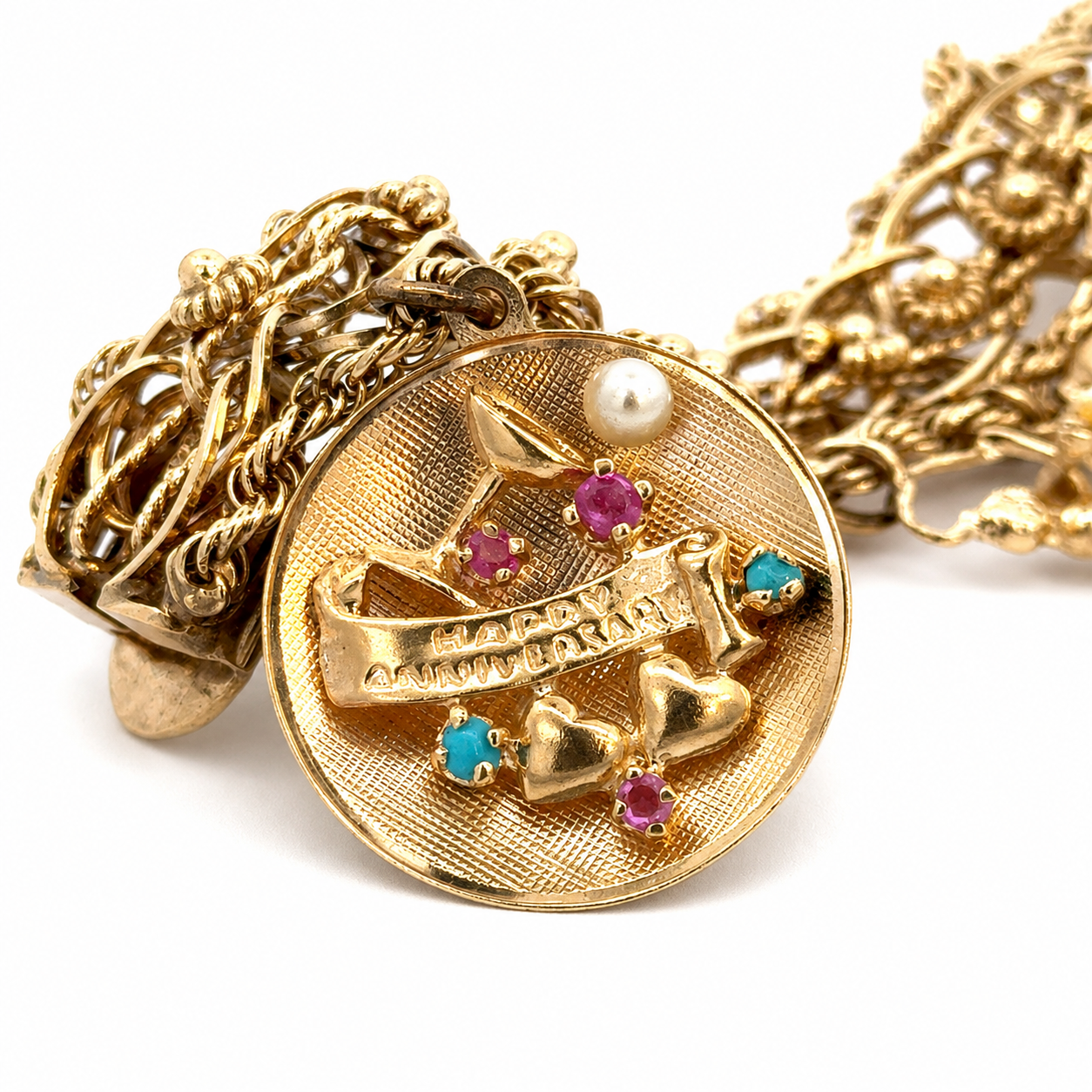 Vintage 14K Yellow Gold Story Charm Bracelet with Nine Gemstone & Pearl Charms