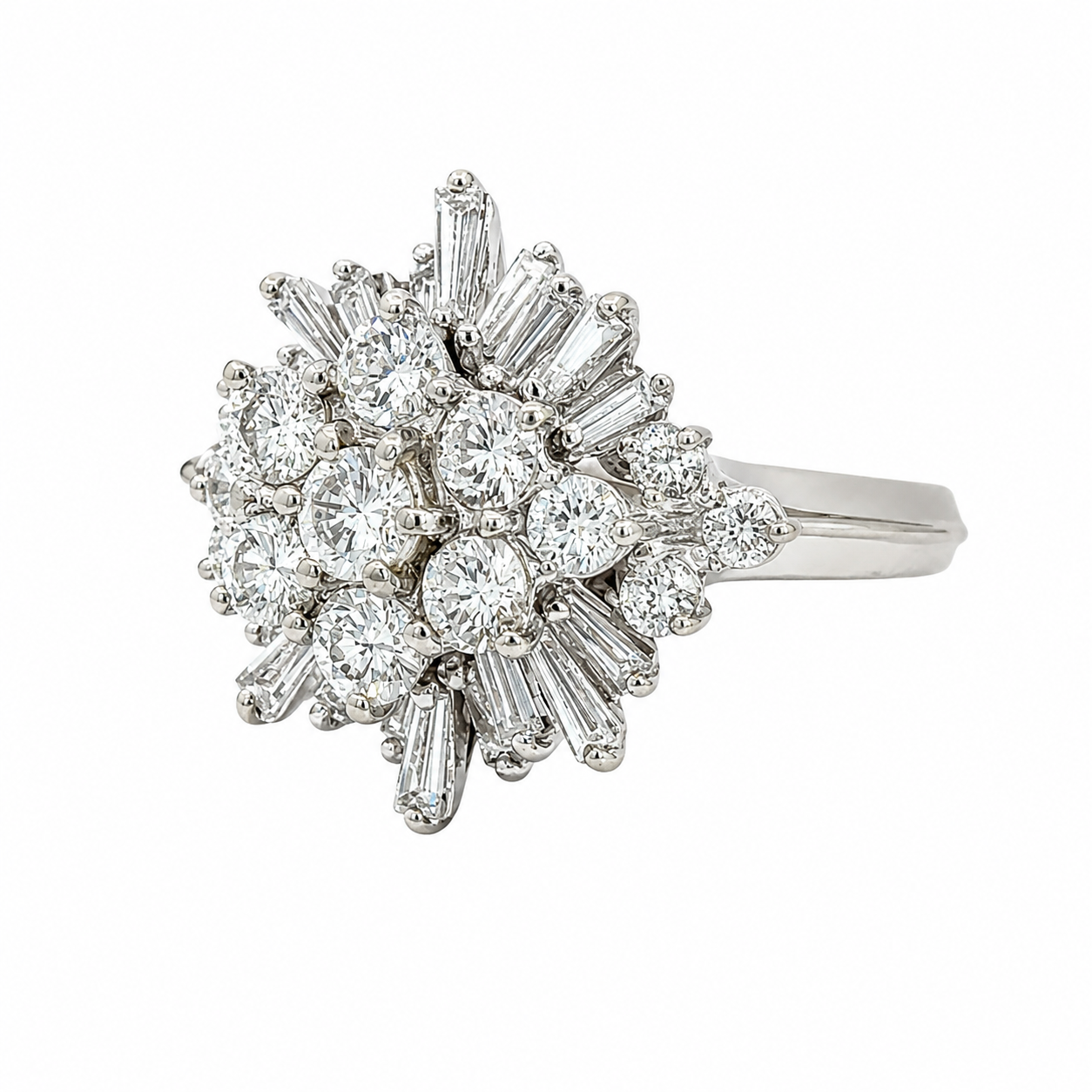Vintage 14K White Gold Diamond Statement Ring Round & Baguette Diamonds