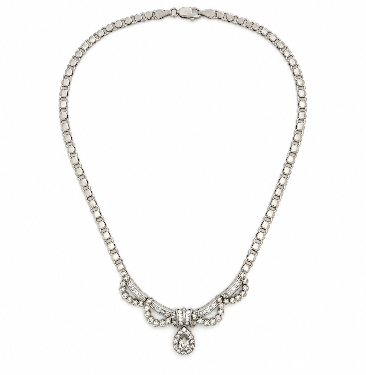 18K White Gold Diamond Swag Necklace with Teardrop Dangle — Approx. 4.84 CT, 16 Inches
