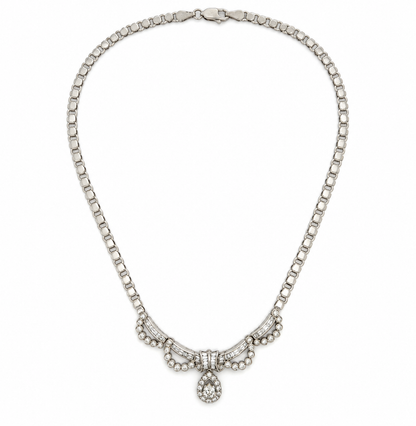 18K White Gold Diamond Swag Necklace with Teardrop Dangle — Approx. 4.84 CT, 16 Inches