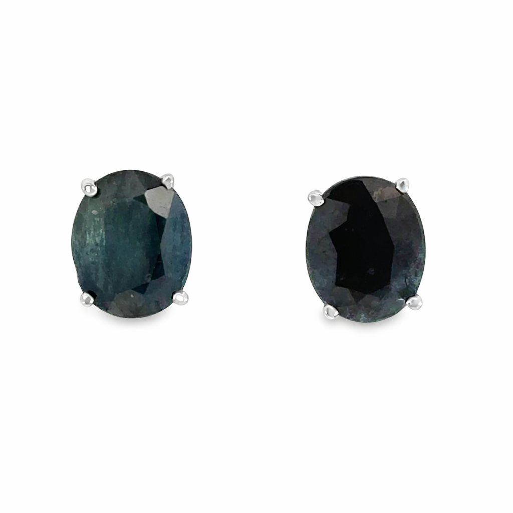 Vintage Oval Dark Green Sapphire Earrings – 14K White Gold