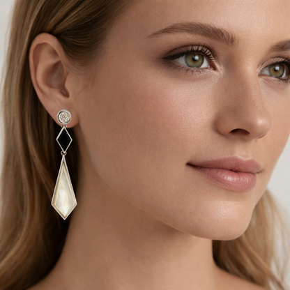 White Gold Diamond, Onyx & Mother-of-Pearl Drop Earrings