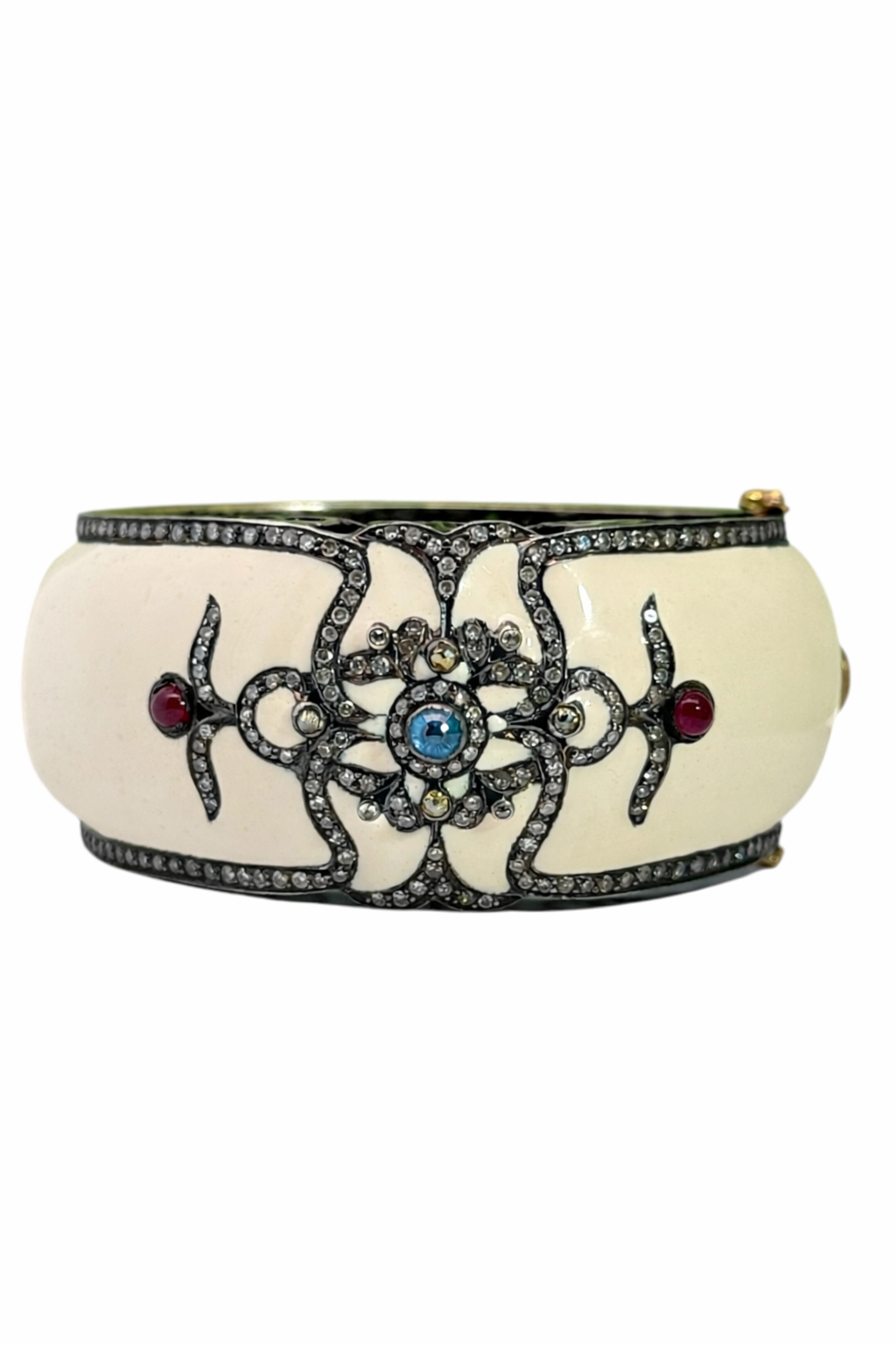 Retro Ivory Enamel, Diamond, Aquamarine & Ruby Bangle in Sterling Silver & 14K Gold